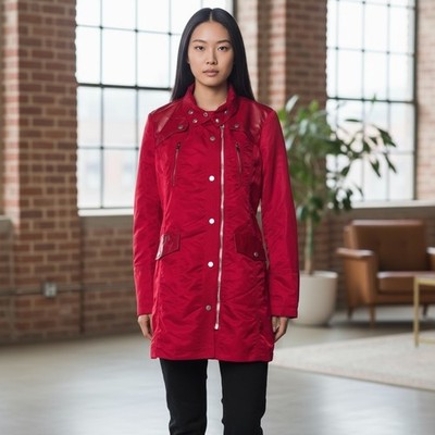 Samantha Sipos Red Nylon Jacket Leather Trim Moto Long Coat Large NEW