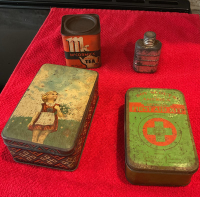 Vintage tin lot Johnson & Johnson Boy Scout, McCormick tea, Dutch girl, flask