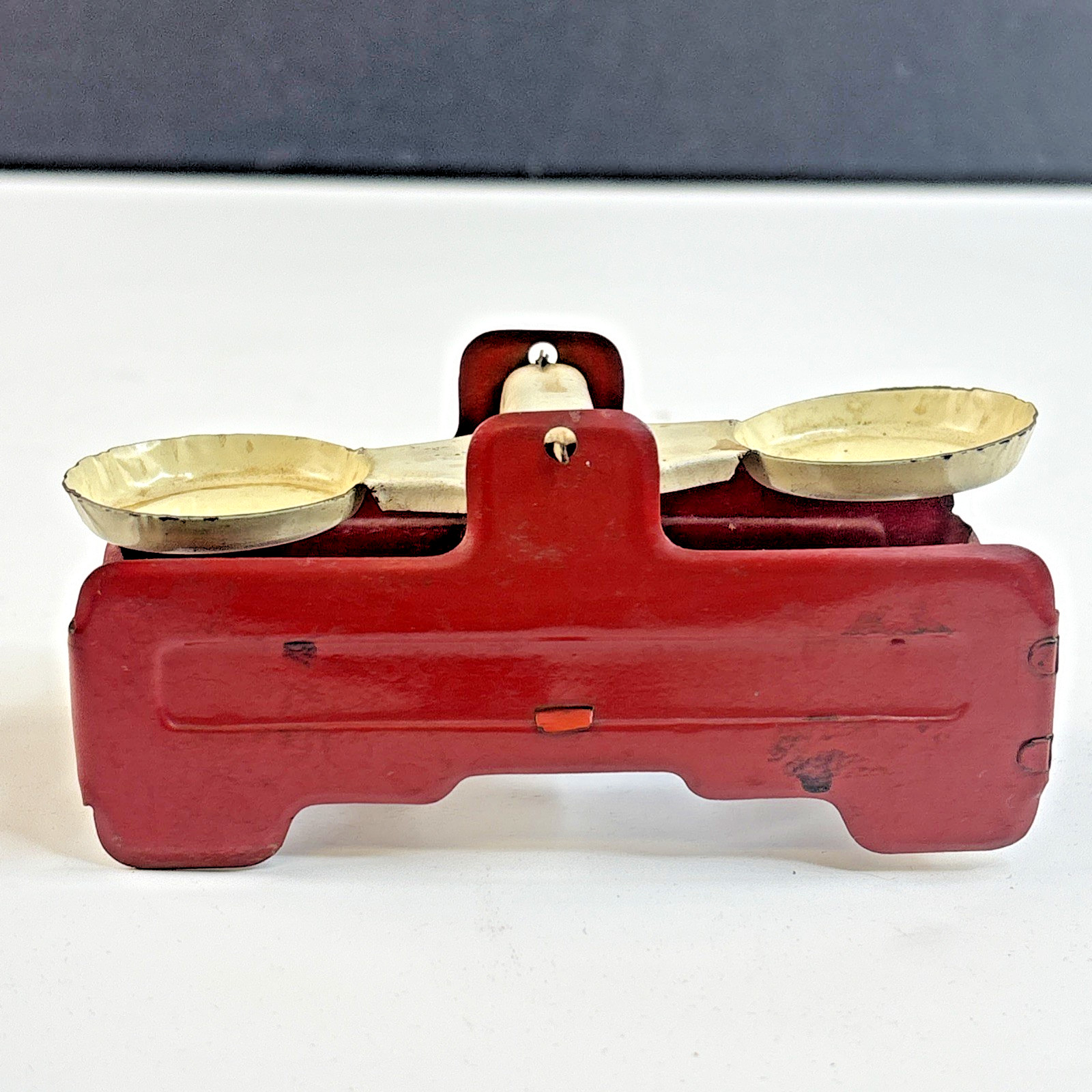 Vintage 1950's Tin Toy Balance Scale Miniature Red & White