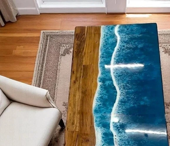 Blue Wave Epoxy Resin Dining Table Acacia Wooden Live Edge Kitchen Decor - Image 3 of 4