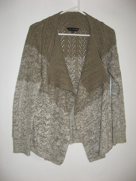 LIZ JORDAN LIGHT BROWN+WHITE LACEY KNIT LONG SLEEVE DRAPED FRONT CARDIGAN SIZE S