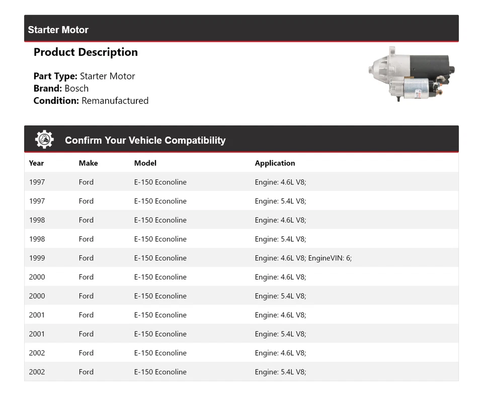 Motor De Arranque Bosch Econoline 1997-2002 Ford E-150 (Remanufacturado) 1998 1999 2000 Foto 2 de 4