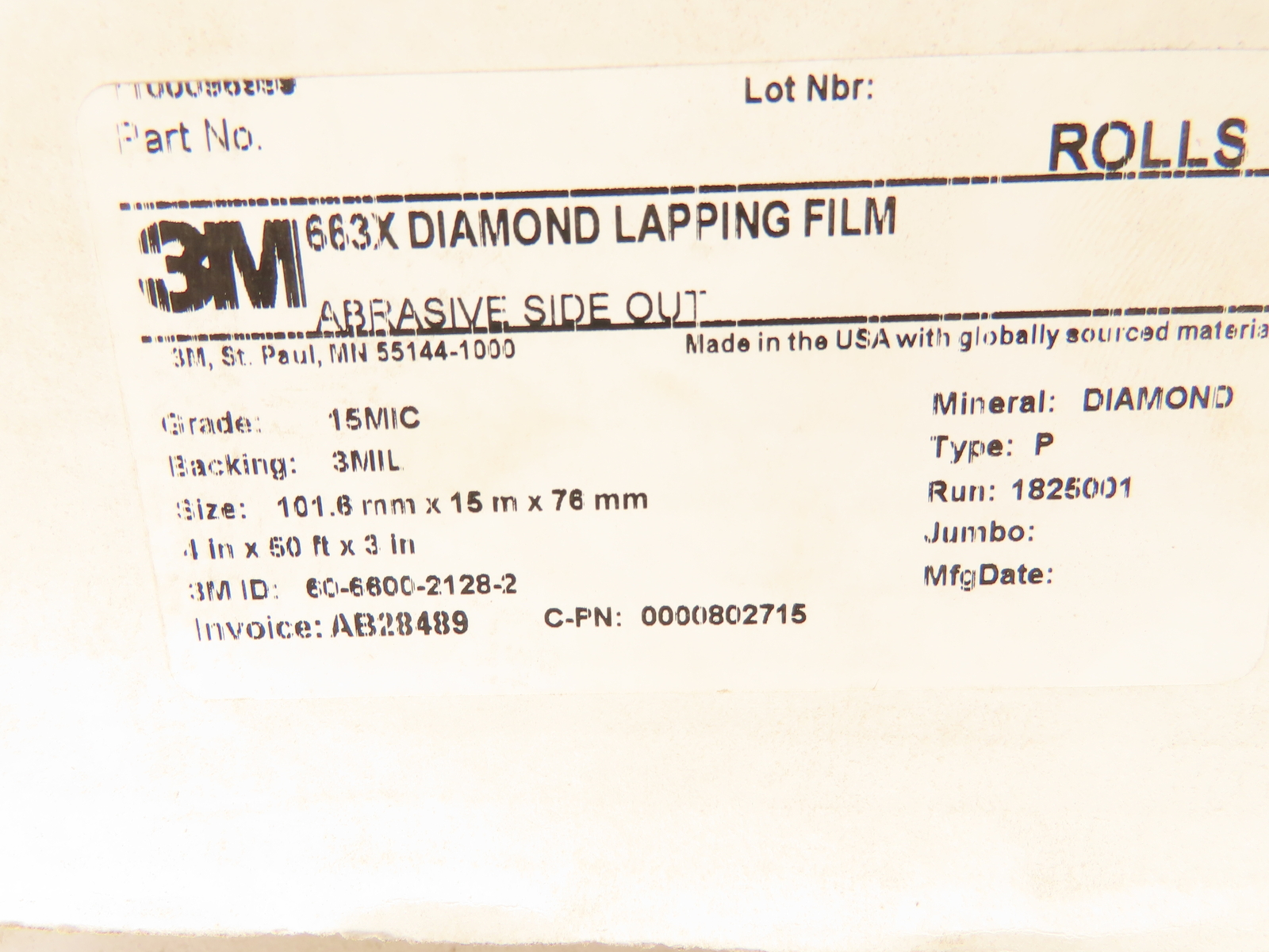 3m 7100096999 3M Diamond Lapping Film 663X, 15 micron, 3 mil, 4"x50' Roll