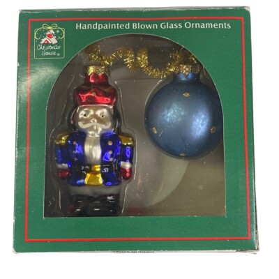 Vintage Christmas House Nutcracker and Bulb Handpainted Blown Glass Ornaments