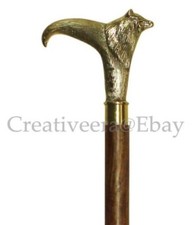 Solid Brass Brown Wooden Walking Cane Stick Wolf Head Handle Antique Style Gift