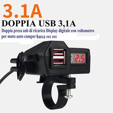 DOPPIA PORTA RICARICA USB 12V/24V 3,1A DISPLAY VOLTOMETRO MOTO AUTO/CAMPER/BARCA