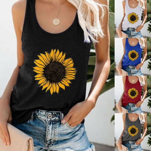 Summer Women Sunflower Print TANK Shirt Round Neck Sleeveless T-shirt Top Blouse