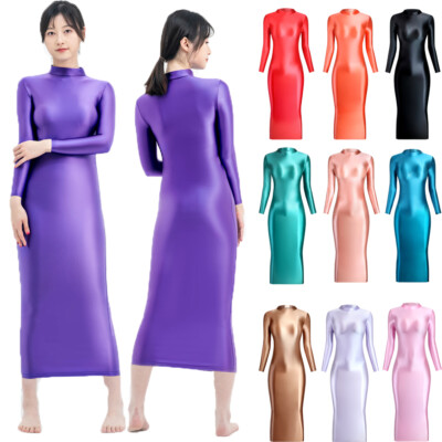 MJINM Shiny Package Hip Skirt Sexy Jumpsuit Stretch Silky Women One-piece Beach