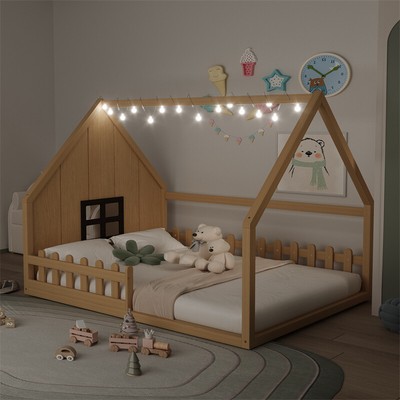 Full Size Wood House Bed Frame w/Roof ,LED light & Fence for Girl Boy Bedroom