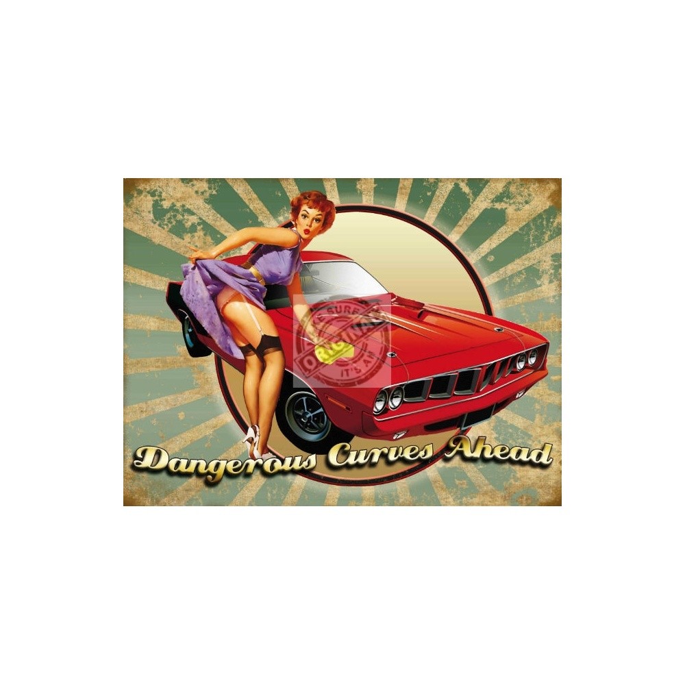 Original Metal Sign Co Metal Wall Sign Dangerous Curves Vintage Style Pin-up
