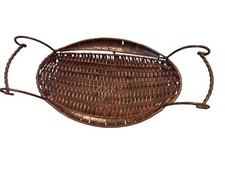 Basket Vintage Rattan and Metal Oval Basket Footed with Handles Centerpiece