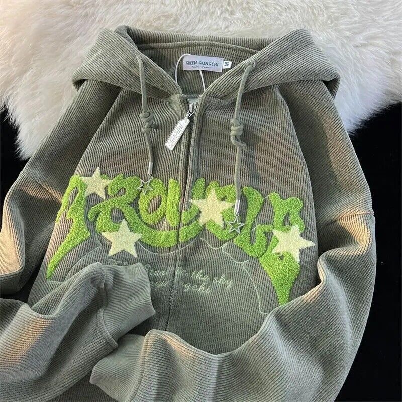 Y2k Trouble and Stars Embroidered Zip Up hoodie 2023 oversized sweatshirt Y2k Trouble and Stars Embroidered Zip Up hoodie 2023 oversized sweatshirt