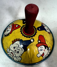 Vintage Kirchof Tin Noisemaker Clowns 1920s Metal Clapper Wood Handle
