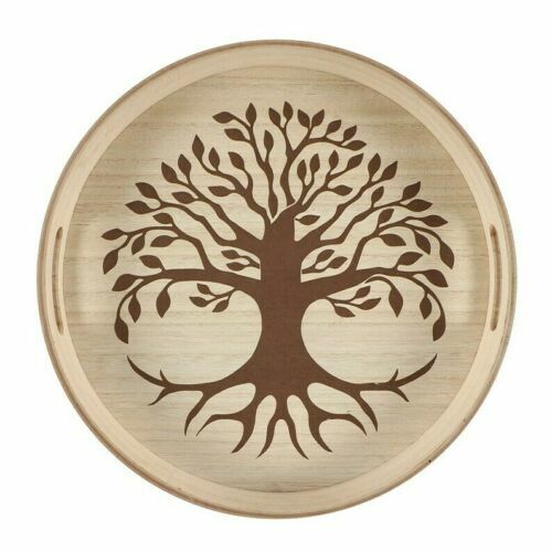 Tree Of Life Wooden Tray Engraved Large Wooden Round Serving Tray 35cm - Picture 1 of 2