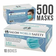 Salon World Safety Bulk 10 Boxes (500 Masks) 3 Layer Disposable Face Masks