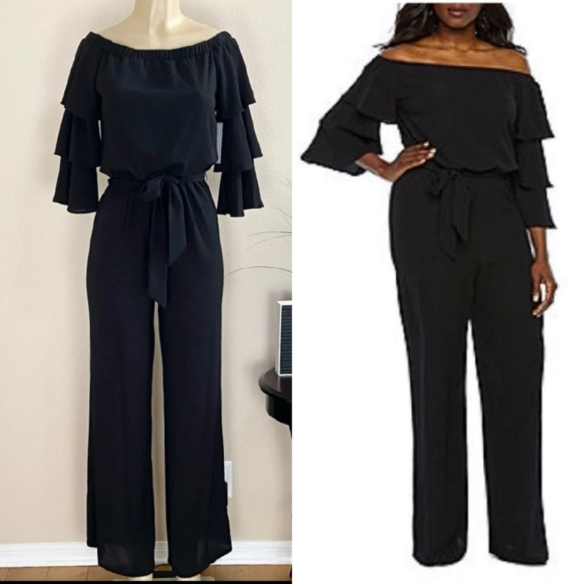 Premier Amour Black Ruffle Tier Sleeve On Off Shoulder Jumpsuit