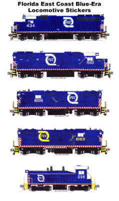 Florida East Coast Blue-Era Locomotives 5 individual Stickers Andy