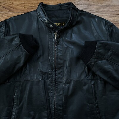 Vintage 70s Cooper Black Cafe Racer Leather Motorcycle Jacket Size