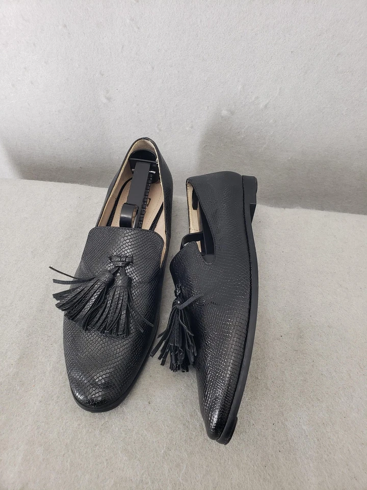 Zara Women Loafers 39 Black Faux Leather Snake Print Tassel Slip On Flat Shoes 8 - Image 4 of 4