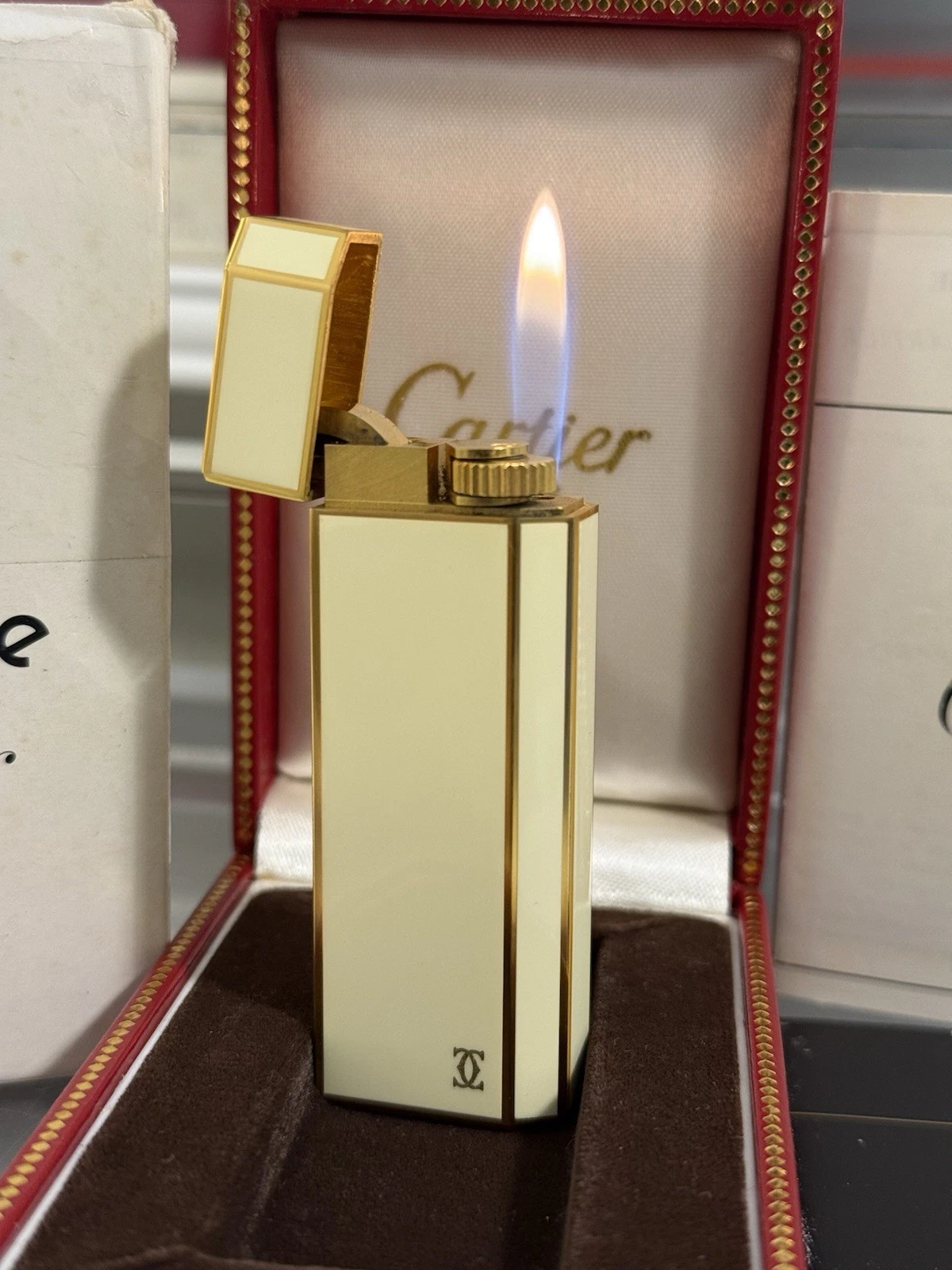 Cartier — Cartier Laque Ivoire Gold Plated Pentagon Lighter Box Papers