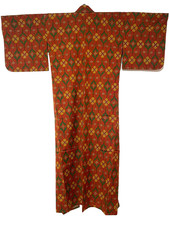 Unused Hitoe Tsumugi Silk Kimono Abstract Floral Crimson S 60in Japan Trad