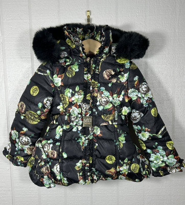 Le Chic Boutique Girls Sz 104 (US 4T) Hooded Floral Puffer Coat NWOT Faux Fur