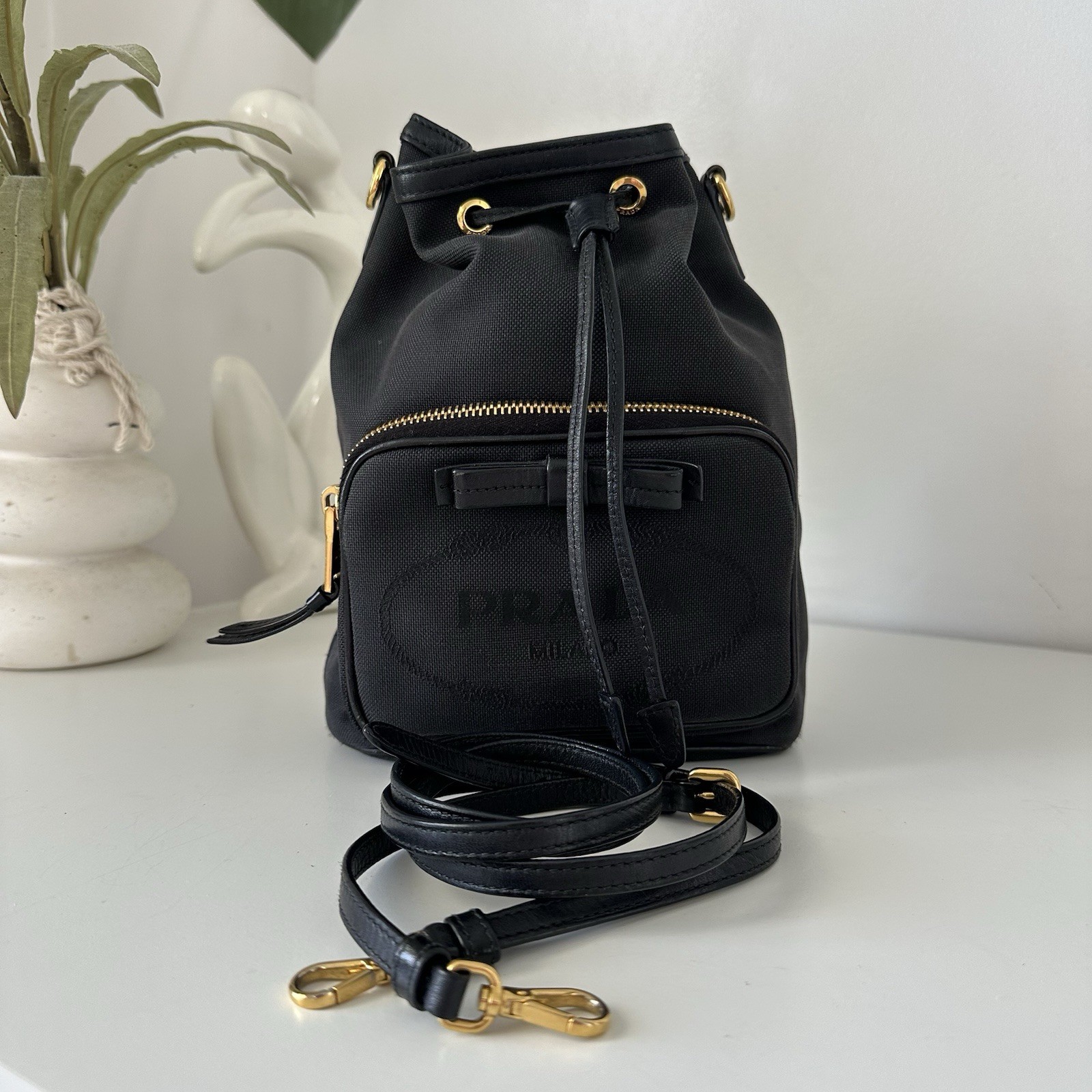 PRADA Logo Jacquard Ribbon Canvas Bucket Shoulder Crossbody Black Bag thumbnail 2