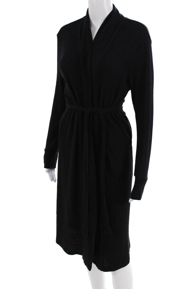 P.J. Salvage Womens Ribbed Belted Longline Robe Black Size S - Image 2 of 4