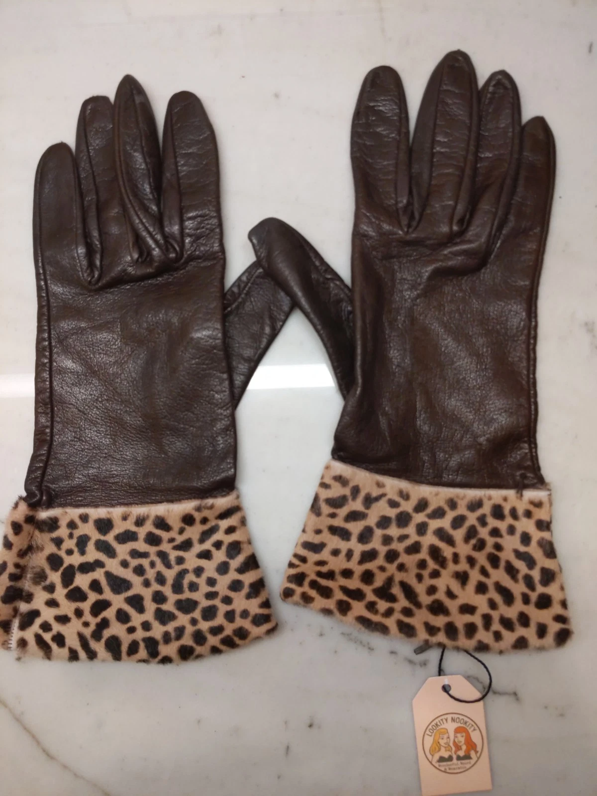Nordstrom Women’s Brown Leather Gloves Leopard Cuff Silk Lined Made in Italy M