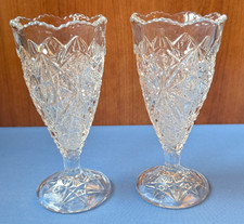 2 antique elegant America Brilliant BUD VASES, 6" tall, sawtooth rim, c. 1900