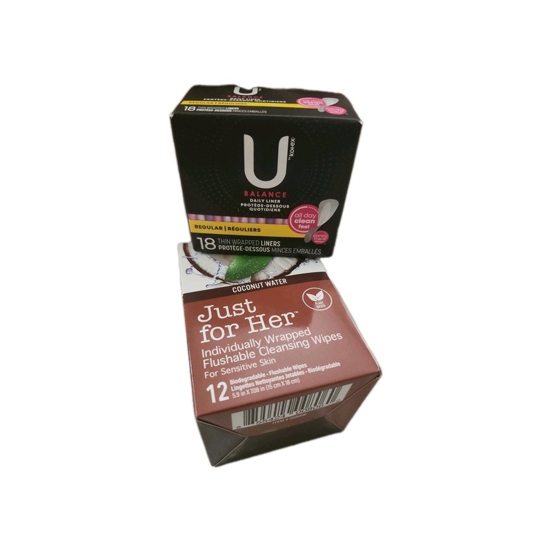 U Balance 1  Regular 18 Thin Wrapped Liners/ 1 Just For Her 12 Flushable Wipes