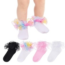 4 Pairs Baby Girls Ruffle Socks Double Lace 1-3T White Black Pink Rainbow