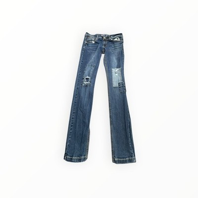What About Me Jeans Bootcut Womens 7/8 Blue Patchwork Distressed Stretch Denim