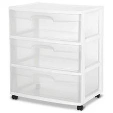Sterilite Wide 3 Drawer Cart, Clear Plastic Storage Drawers, Wheels Included