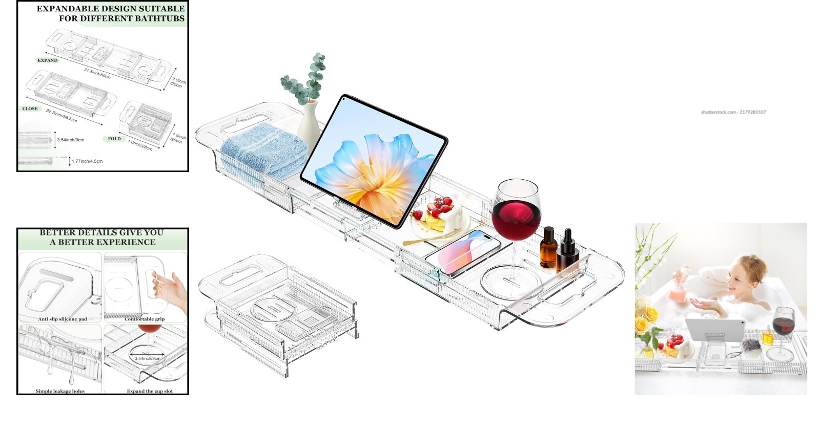 Deluxe Collapsible Bath Tray - Perfect for Wine, Books, and Home Spa Essentials thumbnail 2