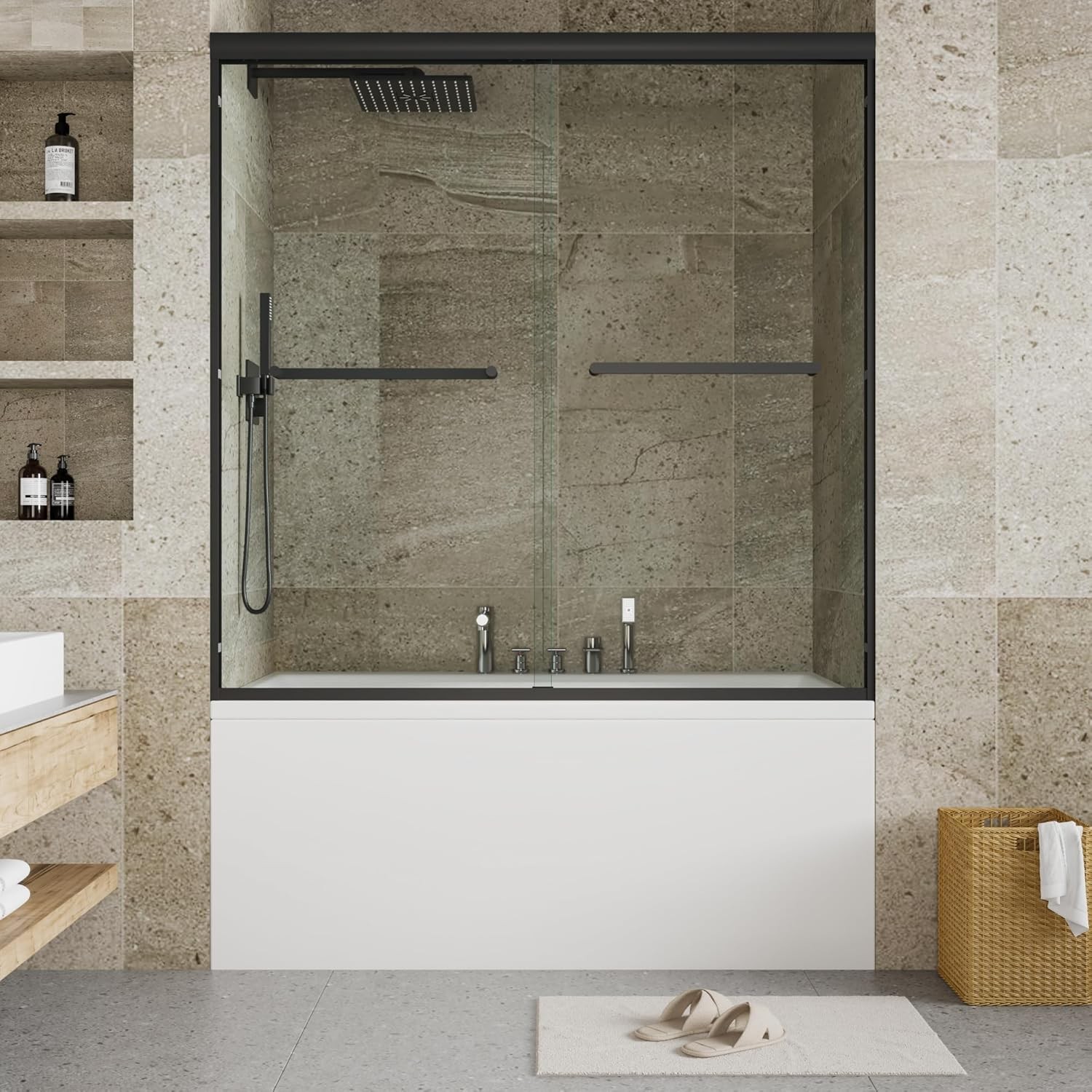Glass Shower Doors Sliding 56-60'' W× 59 '' H Matte Black Frame Tempered Door