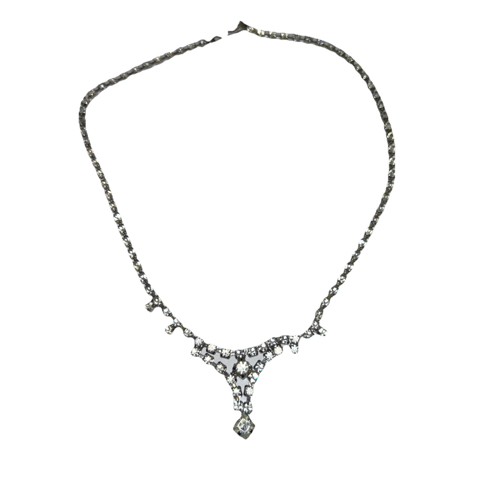 Rhinestone Choker Necklace Silvertone 1950s-1960s Vintage 15 Inches Hook Clasp