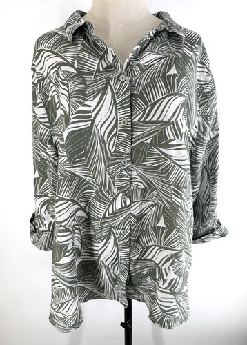 Chico's Women's No-Iron Linen Tunic Blouse Size 4 (US-20) Button Up Palm Leaves