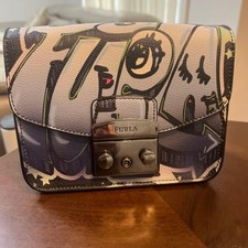 FURLA Metropolis Shoulder Bag Leather Indigo Blue Silver Chain Eyes from Japan