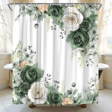 Sage Green Floral Shower Curtain Cute Rose Flower Spring Eucalyptus Leaf Girl...