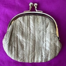 VTG Genuine Soft Eel Skin Coin Purse Kiss Lock Wallet Brown Gold Retro Excellent