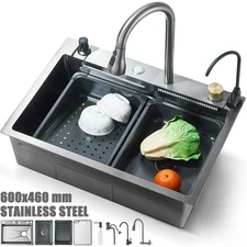 24" Flying Rain Stainless Steel Waterfall Kitchen Sink with Faucet Single Bowl