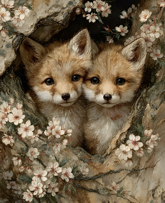 8x10 Two Foxes in Tree Art Print - 136748838
