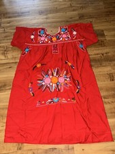 Red Cotton Vintage Hand Embroidered Tunic Traditional Mexican Dress Peasant L/XL