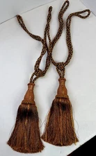 2 Large Luxury Drapery Tie Backs 11" Tassel Twist Rope Gold Brown Cord  30" Long