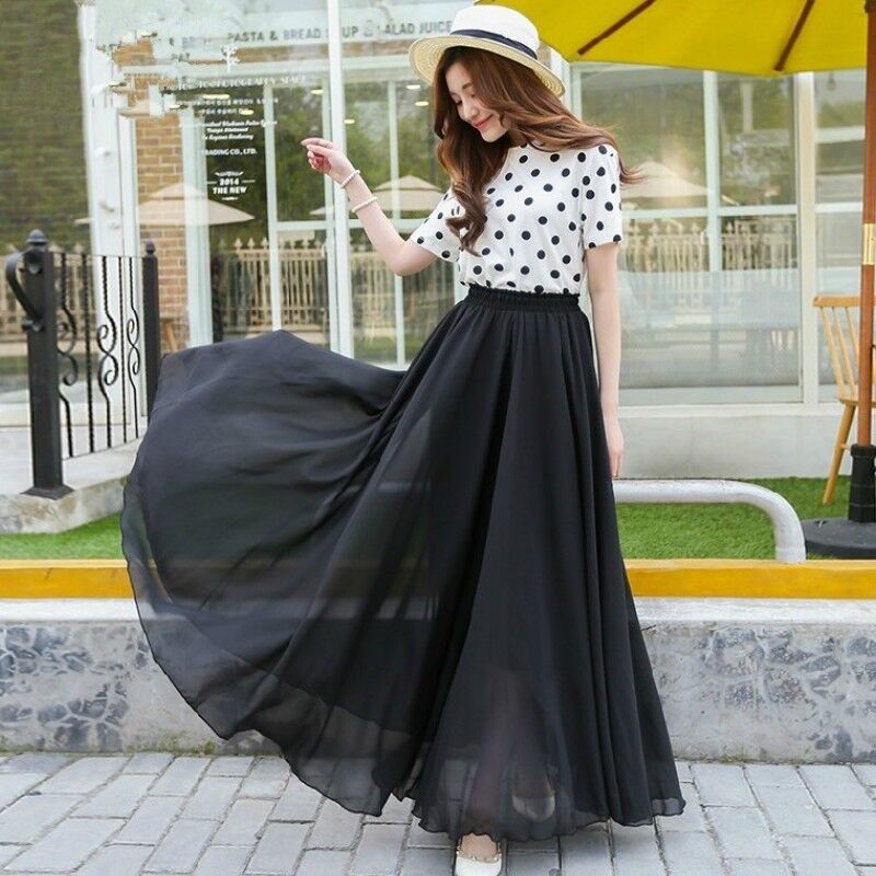 Women Lady Chiffon Long Skirt A Line Elastic High Waist Swing Boho Beach  Casual