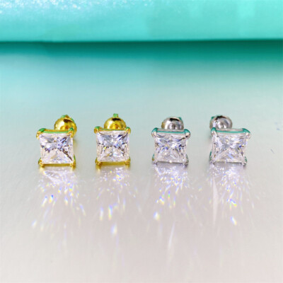 0.8-2CT Princess Moissanite Earrings Screw Back 925 Sterling Silver Plated Gold