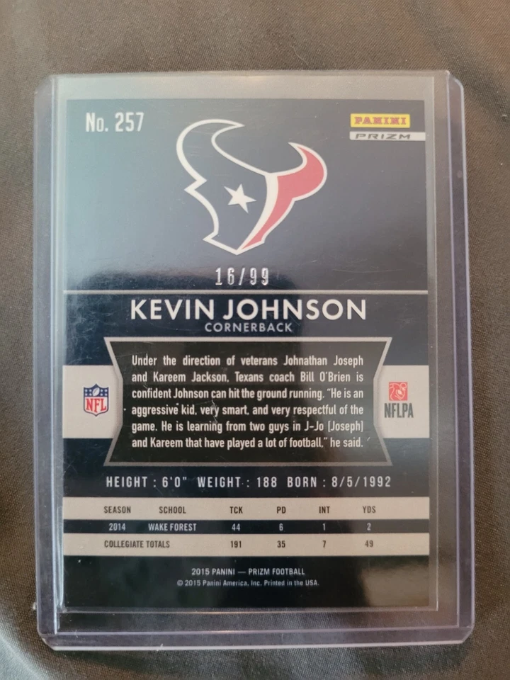 2015 Panini Prizm — дебютанты Green Crystal Prizm No257 Кевин Джонсон 16/99 (RC) - Изображение 2 из 2