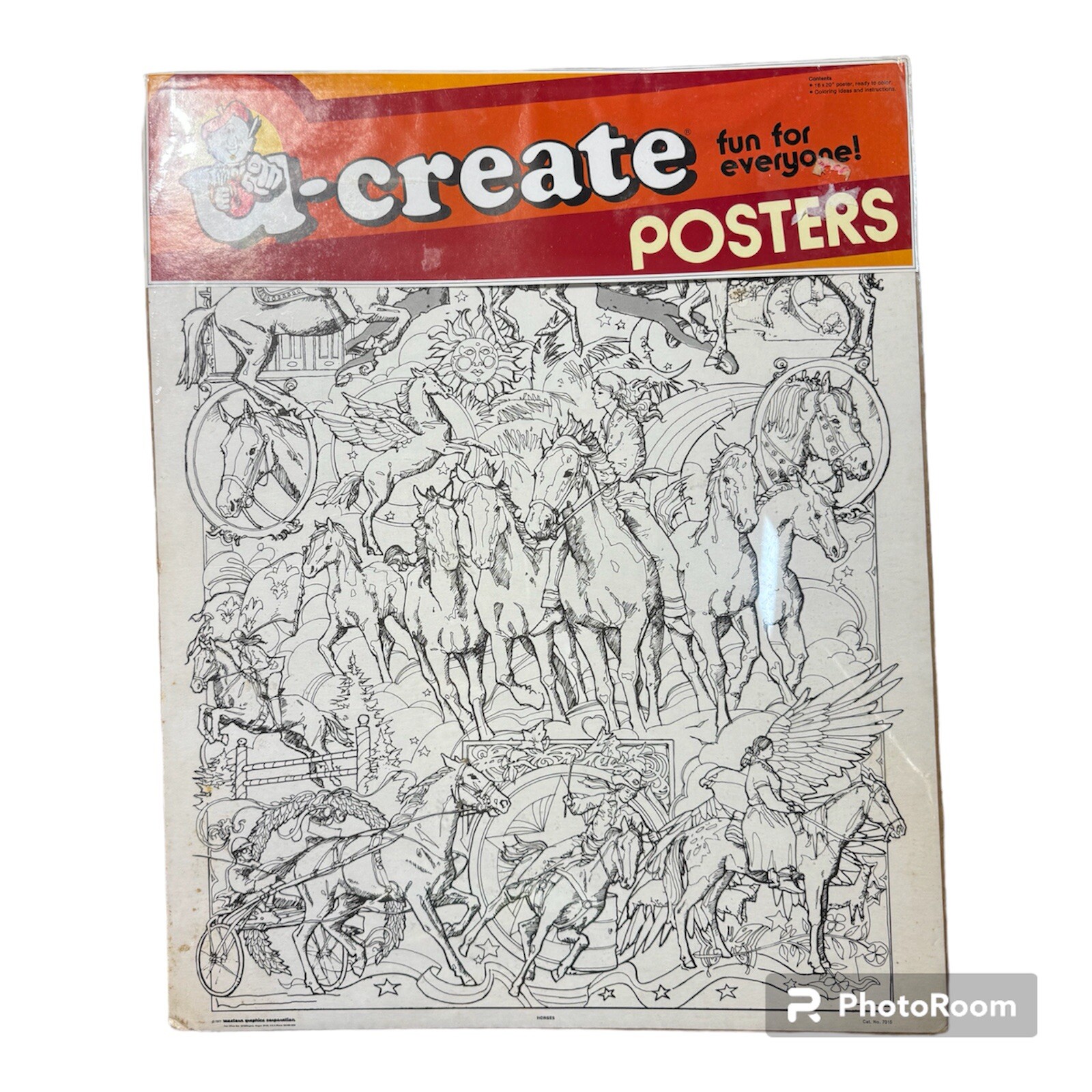 Vintage U-create 18x20” Poster HORSES Coloring Pencils Markers 1977 USA Made