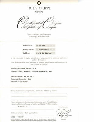 Patek Philippe 5035G  Certificate Of Origin for Annual Calendar 1st series